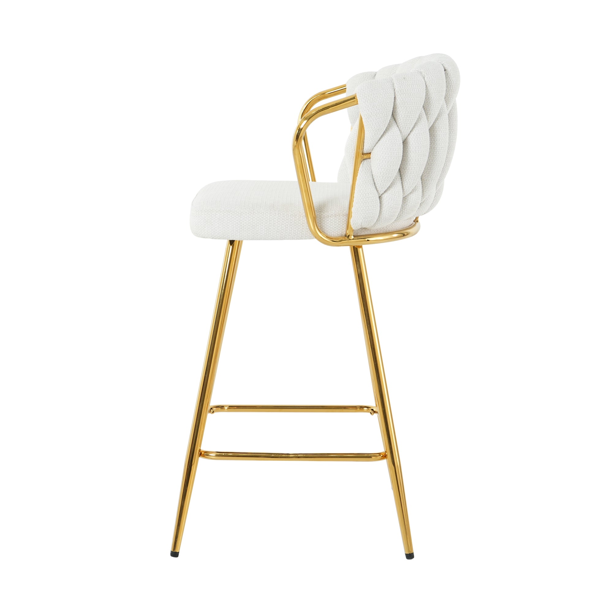 White textured upholstered bar stool with gold metal legs and curved arms perfect for modern kitchens