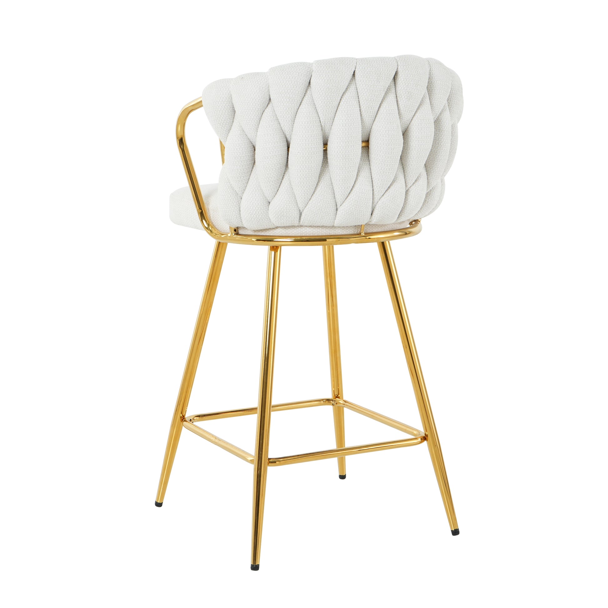 White upholstered counter stool with braided back and gold legs