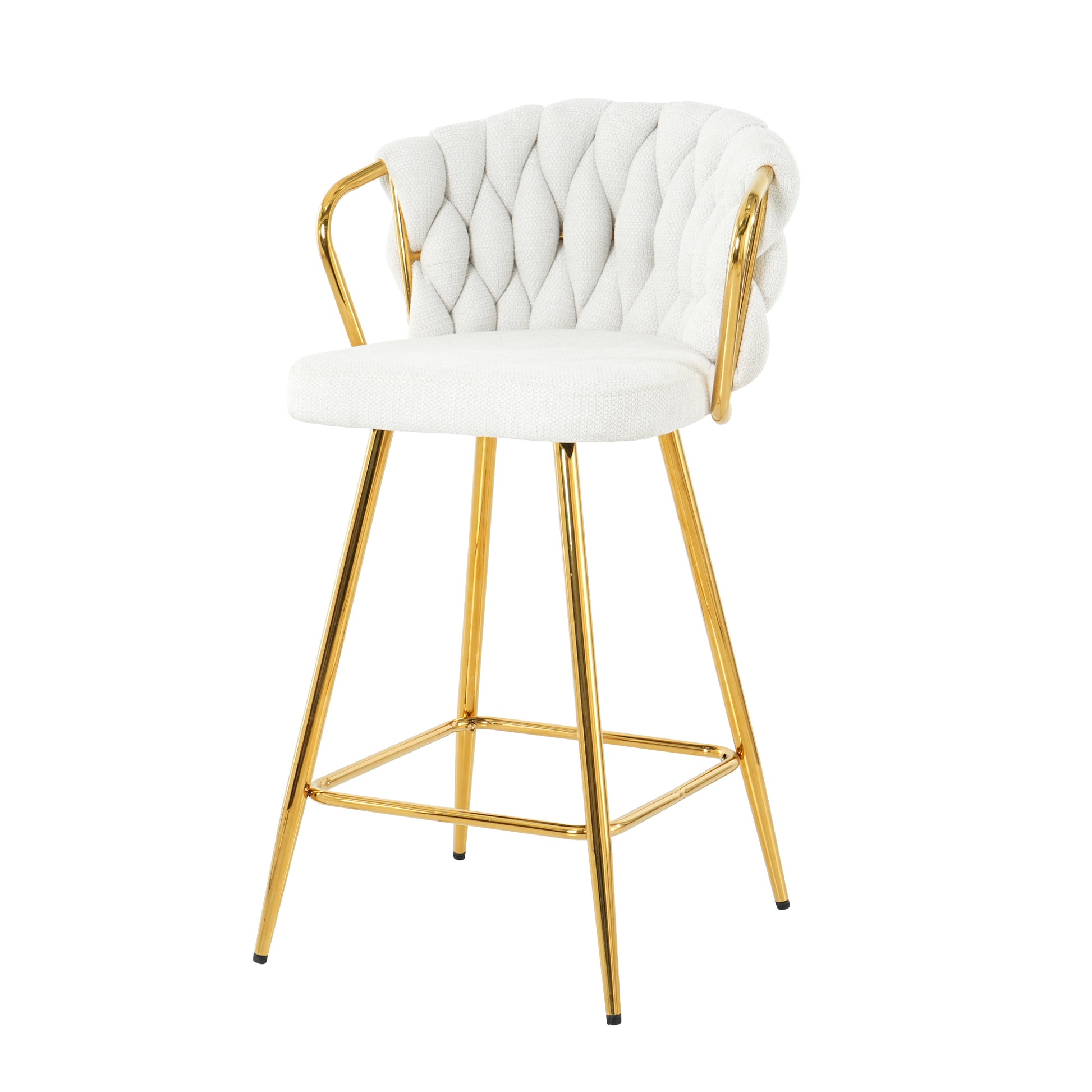 White woven back bar stool with gold metal legs and armrests