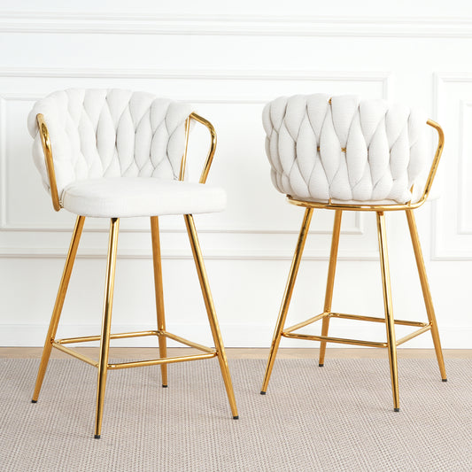 Cream boucle fabric bar stool with diamond tufting and gold legs