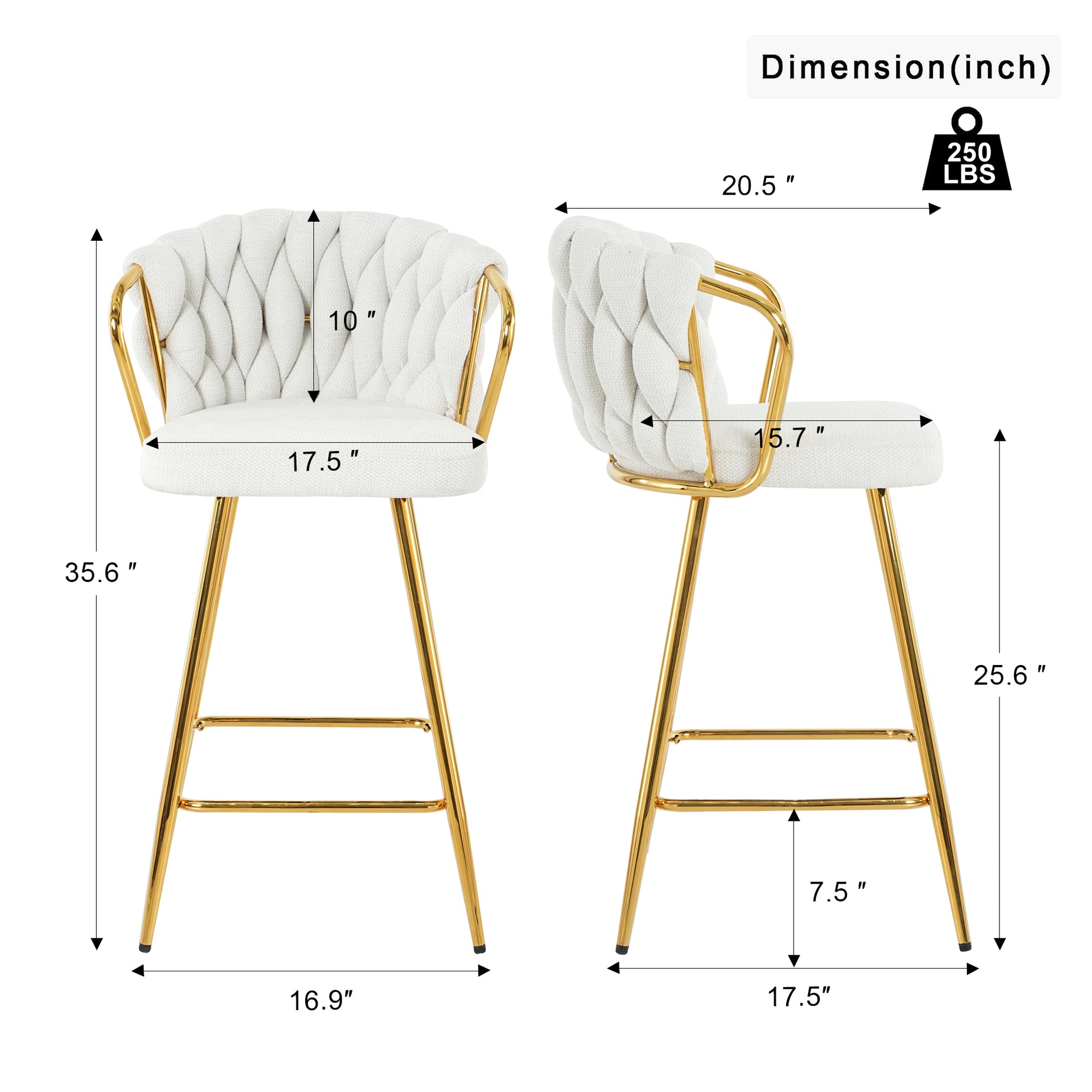 White tufted bar stool with gold metal legs features curved backrest and comfortable seat pad