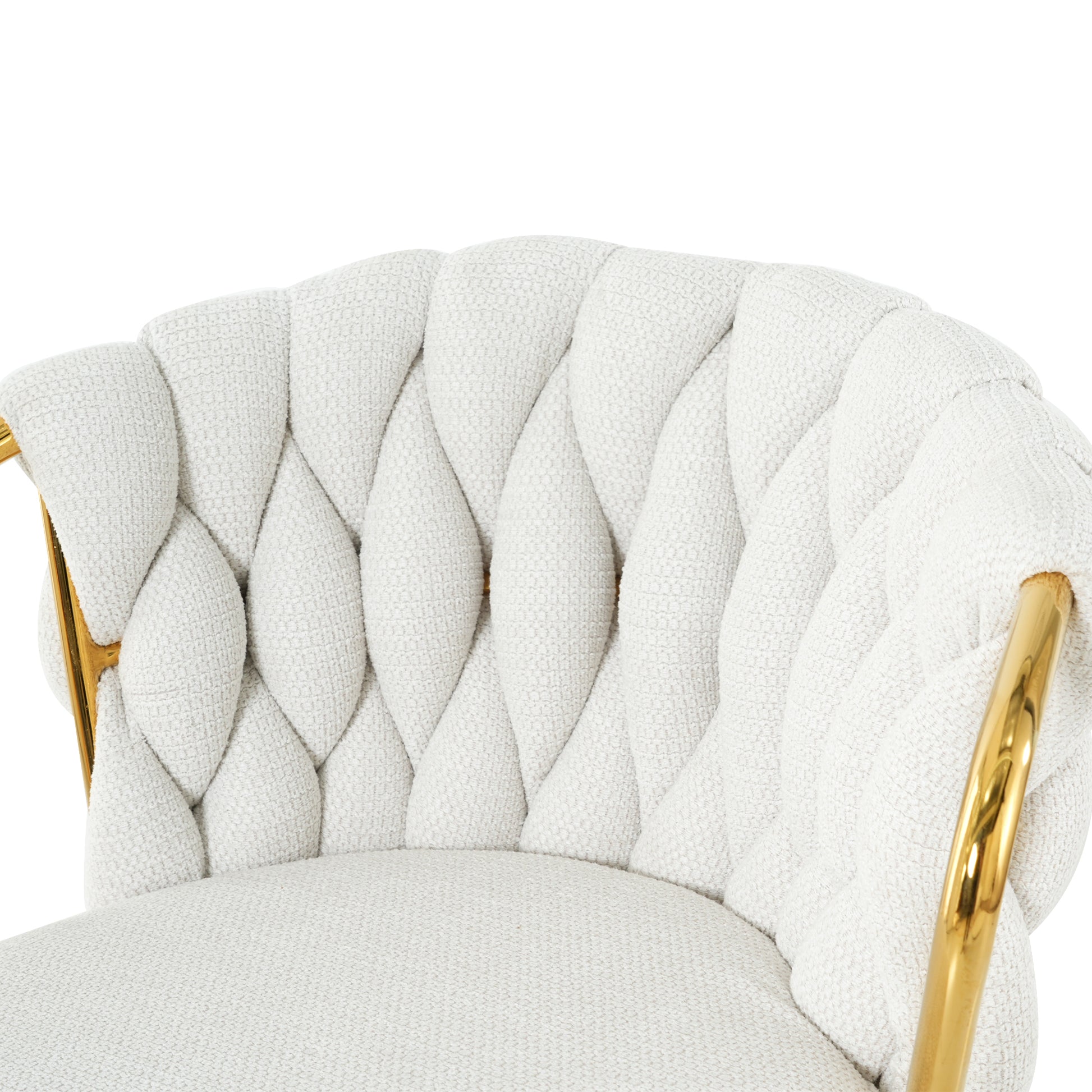 Textured white boucle accent chair with gold metal legs and tufted back