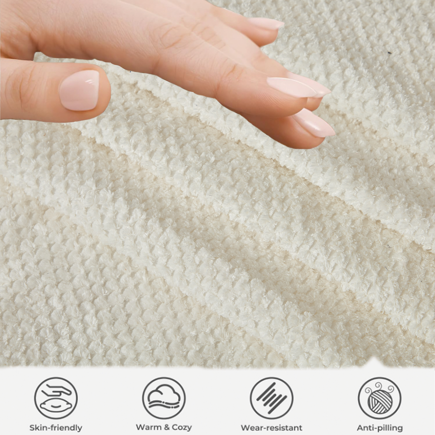 Closeup of plush cream shag rug texture with hand demonstrating softness