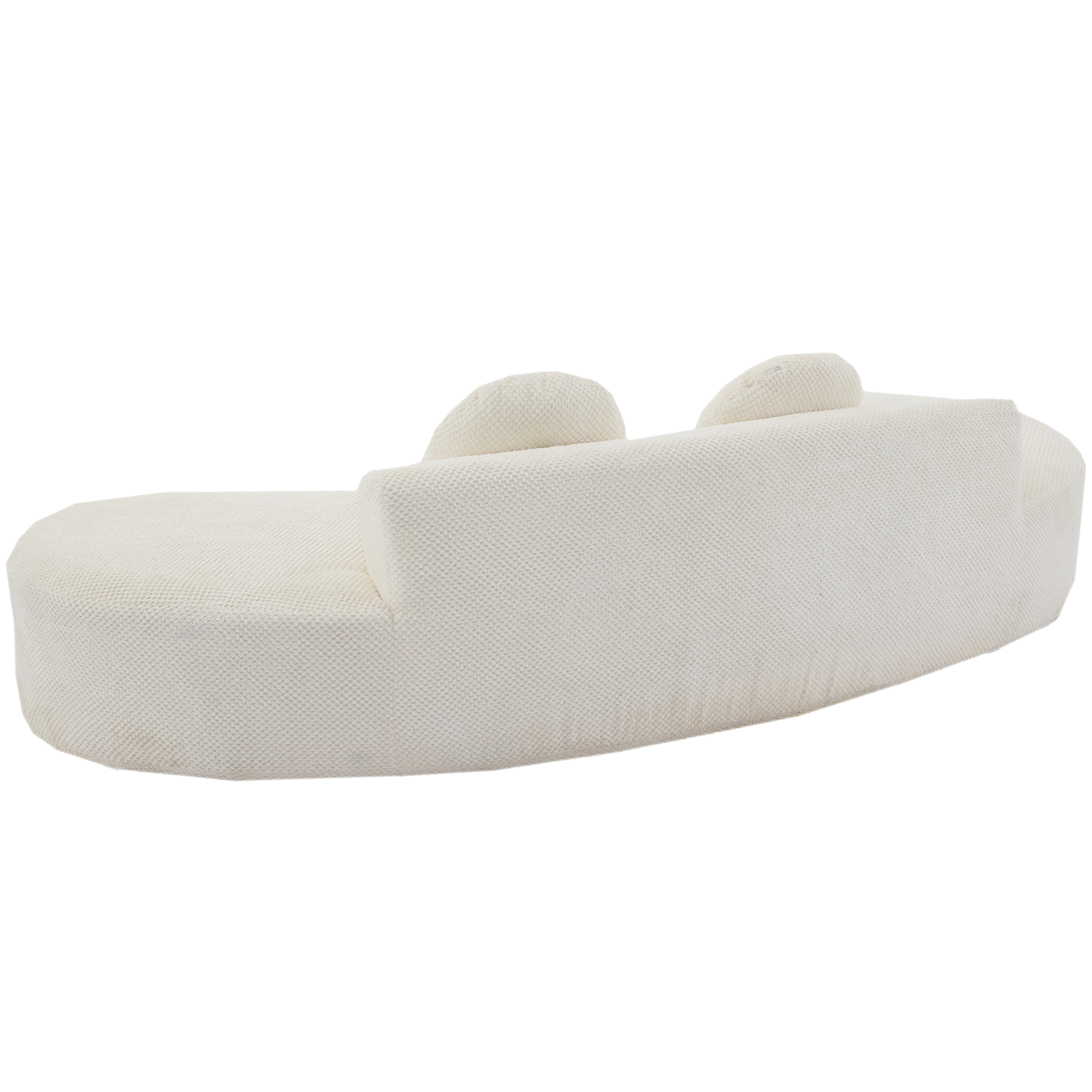 Textured cream boucle fabric sofa with curved design and plush back cushions