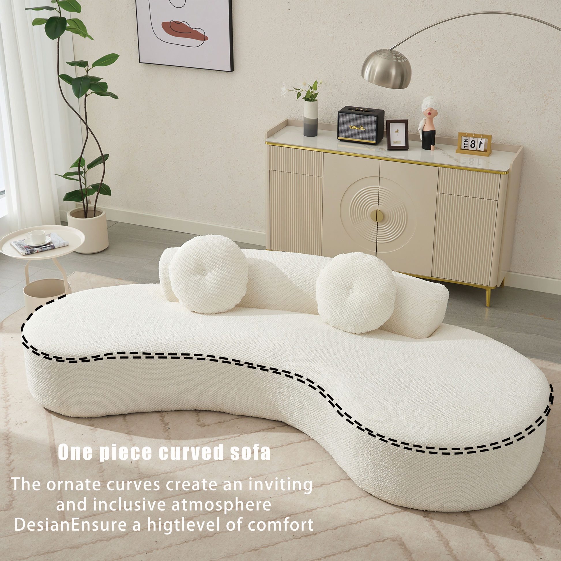 Plush white boucl fabric one piece curved sofa with rounded cushions for a modern living room