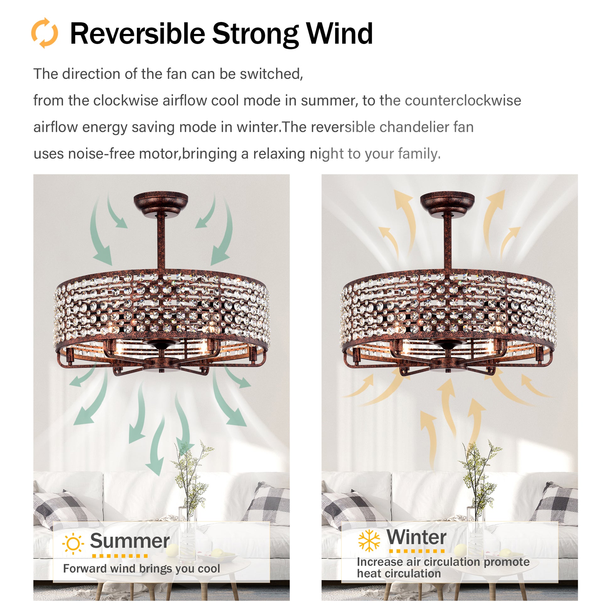 Rustic brown crystal chandelier ceiling fan with reversible airflow for summer and winter
