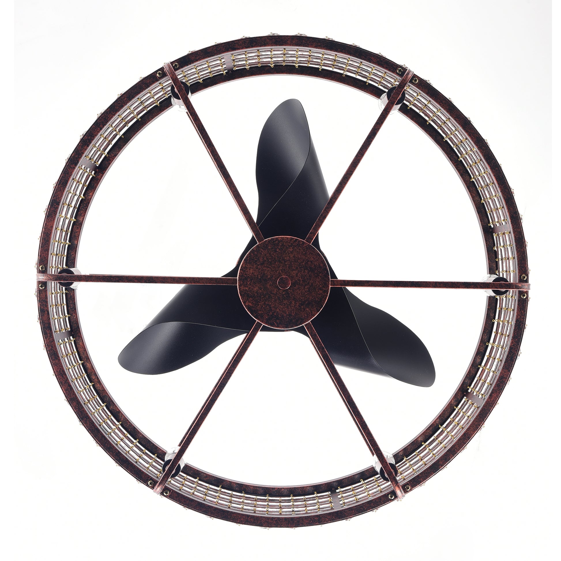 Industrial style ceiling fan with distressed bronze finish and black blades