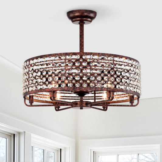 Rustic bronze drum chandelier adorned with clear faceted crystals for ambient lighting
