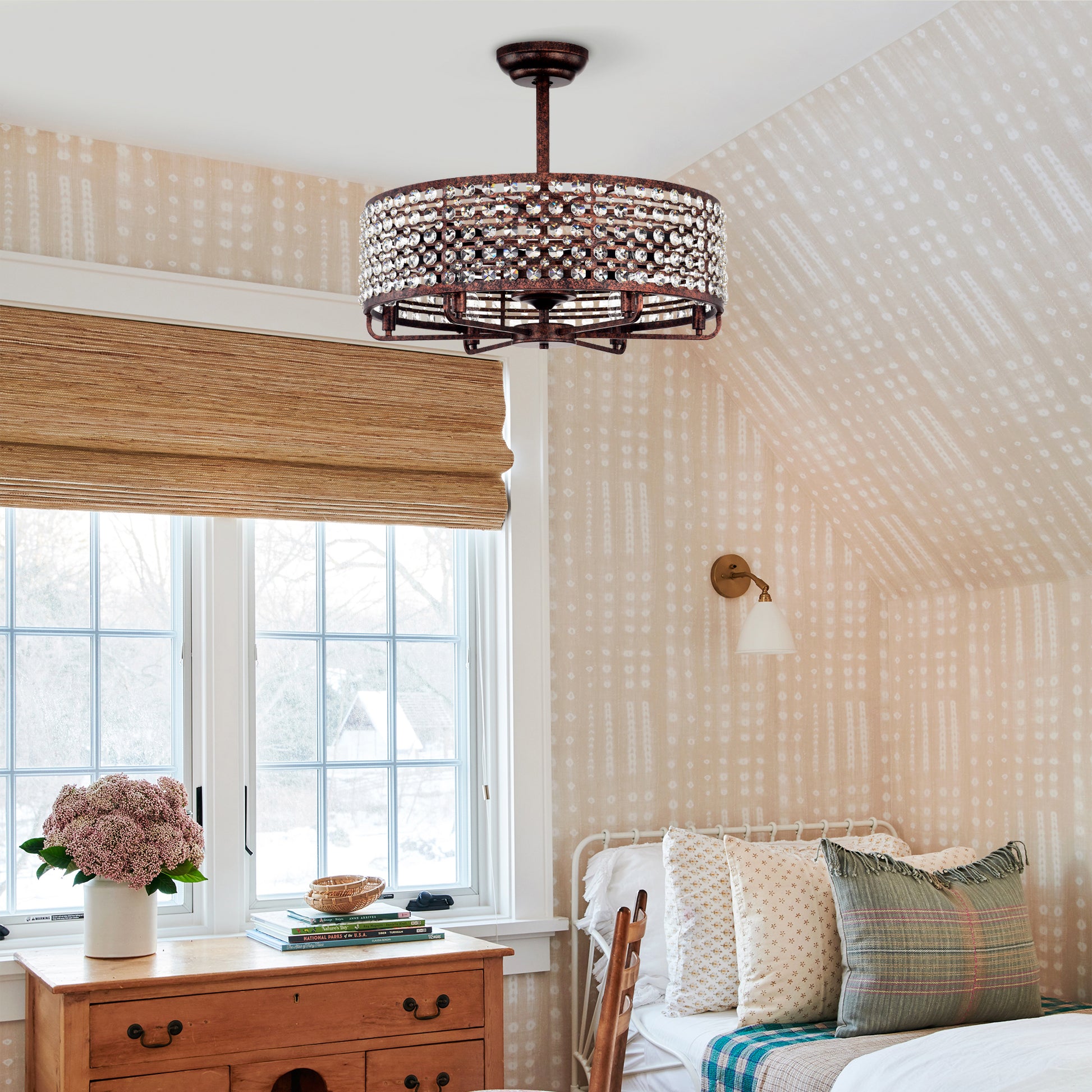 Rustic bronze flush mount ceiling light with clear crystal accents ideal for bedrooms