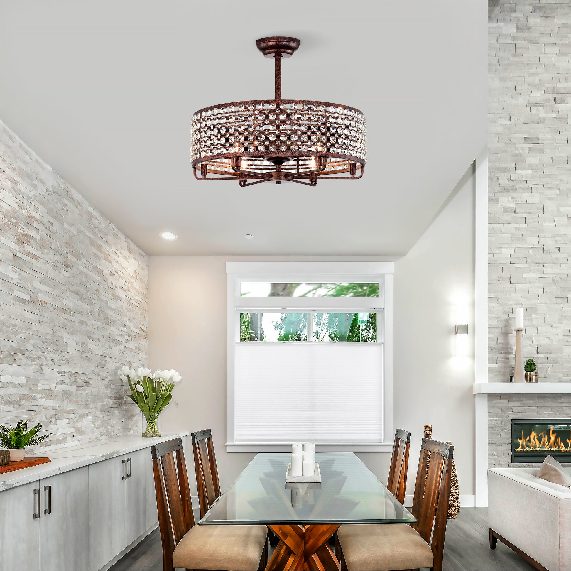Rustic bronze flush mount chandelier with crystal accents ideal for dining room lighting