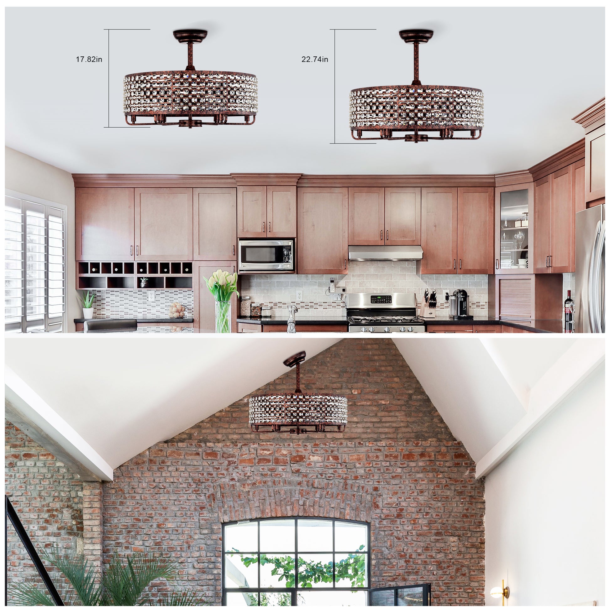 Rustic bronze flush mount light with crystal accents in