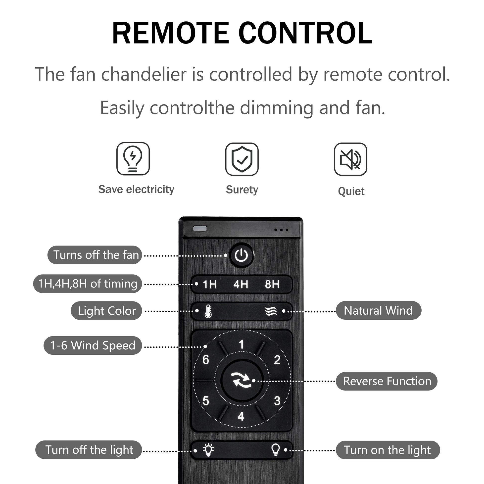 Black remote control for fan chandelier with speed and timer settings