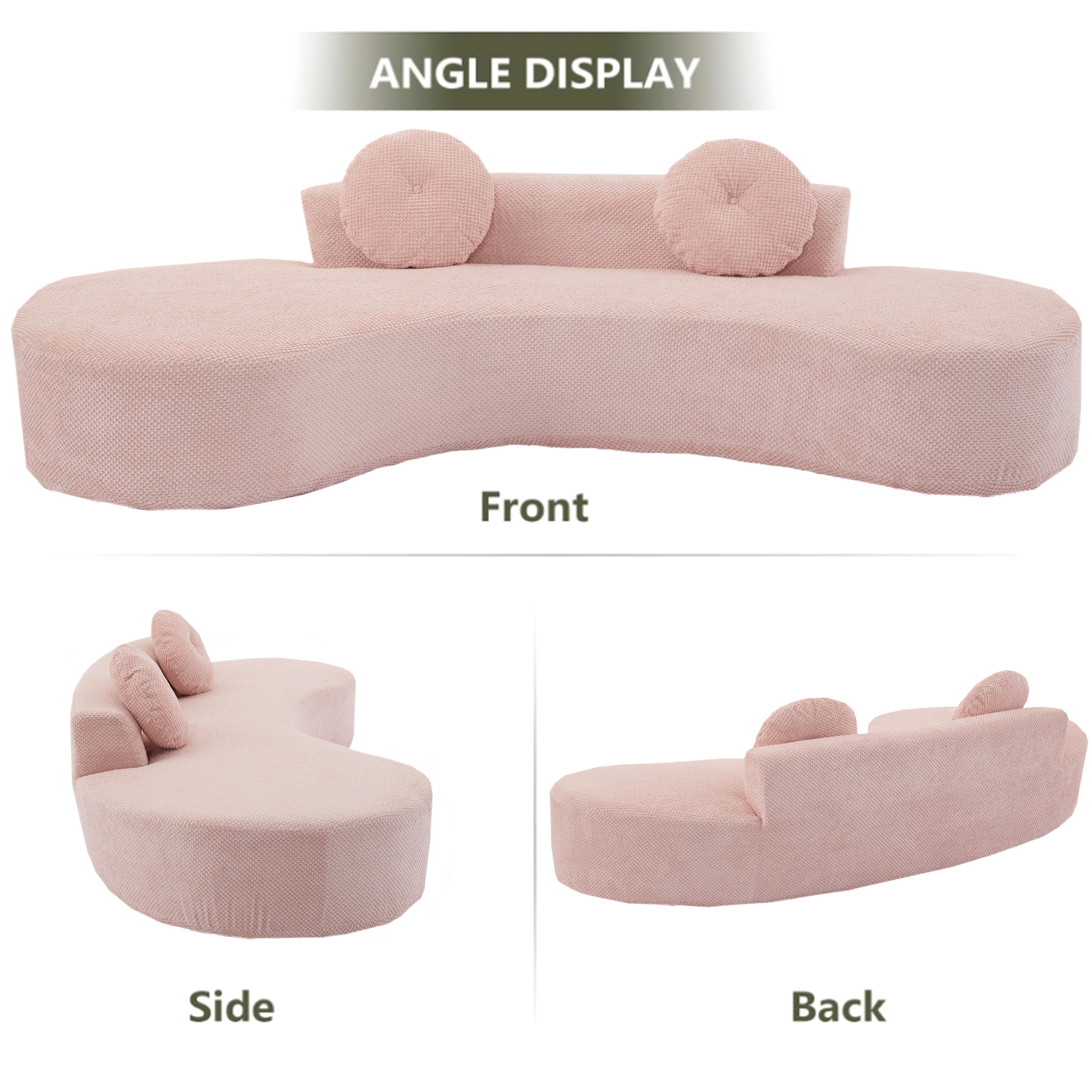 Textured pink curved sofa with two round cushions perfect for modern living rooms