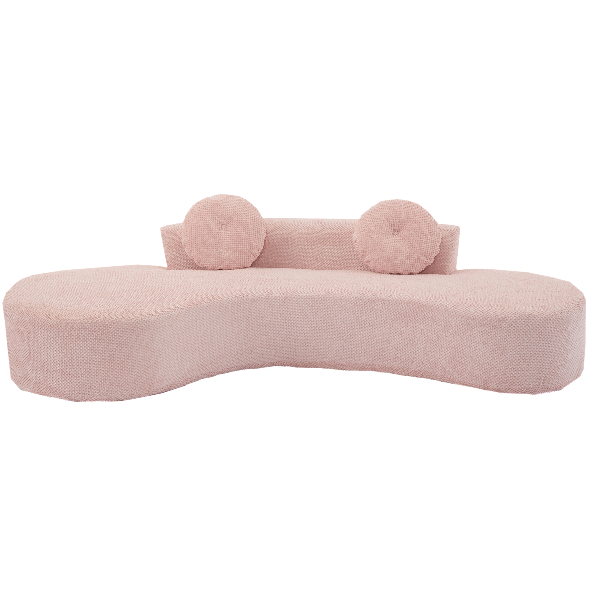 Pink curved fabric sofa with round accent pillows modern design