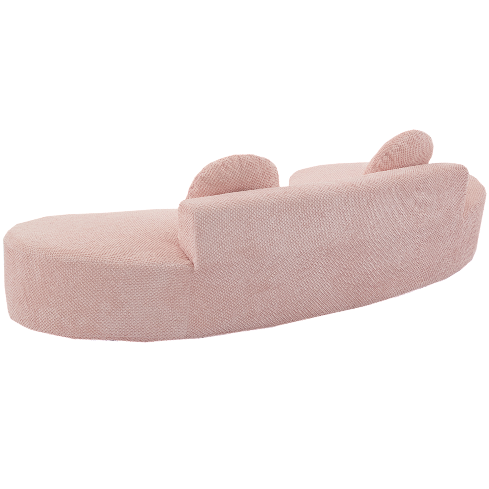 Pink textured fabric chaise lounge with rounded armrests and low profile seating