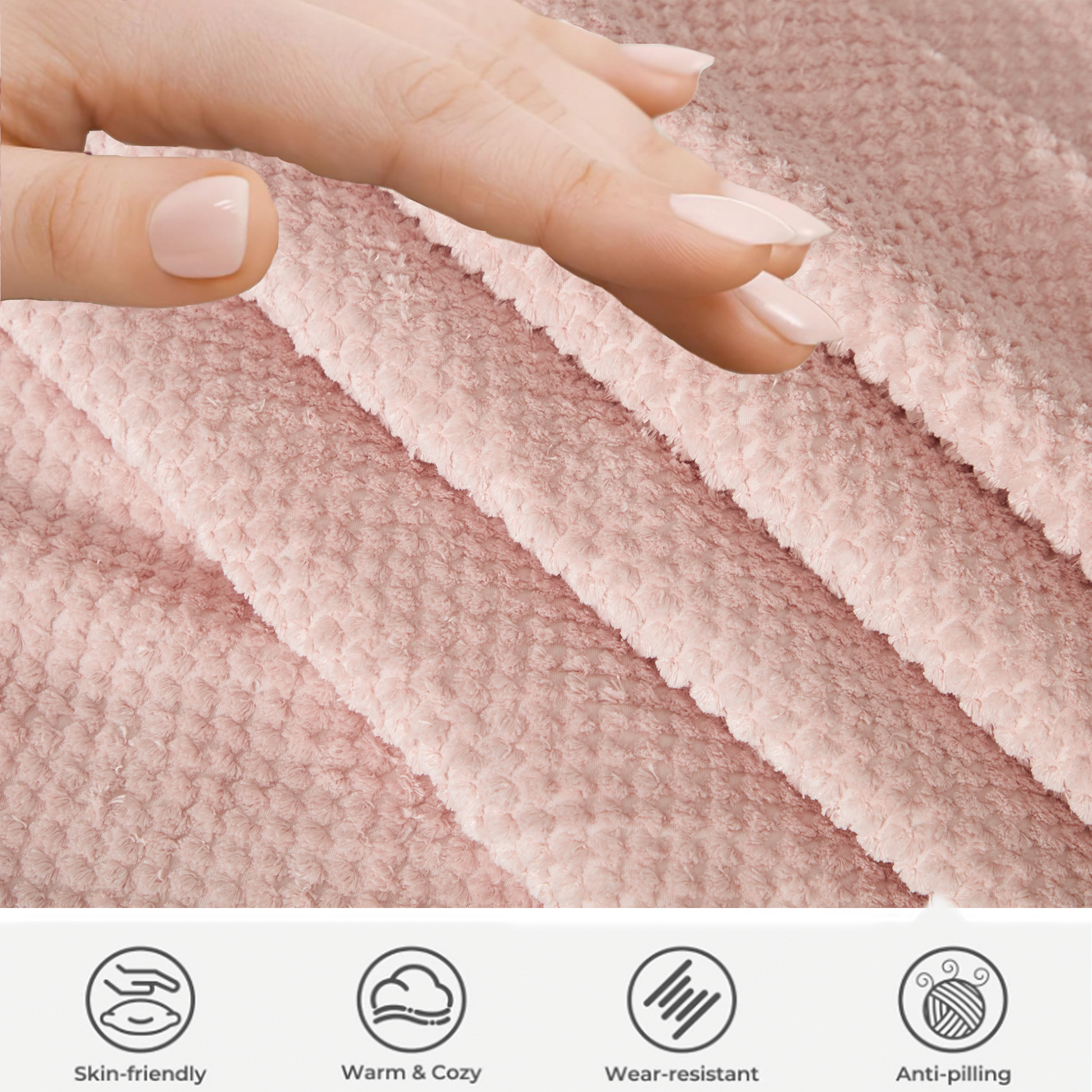 Soft pink plush fabric with textured surface ideal for cozy blankets