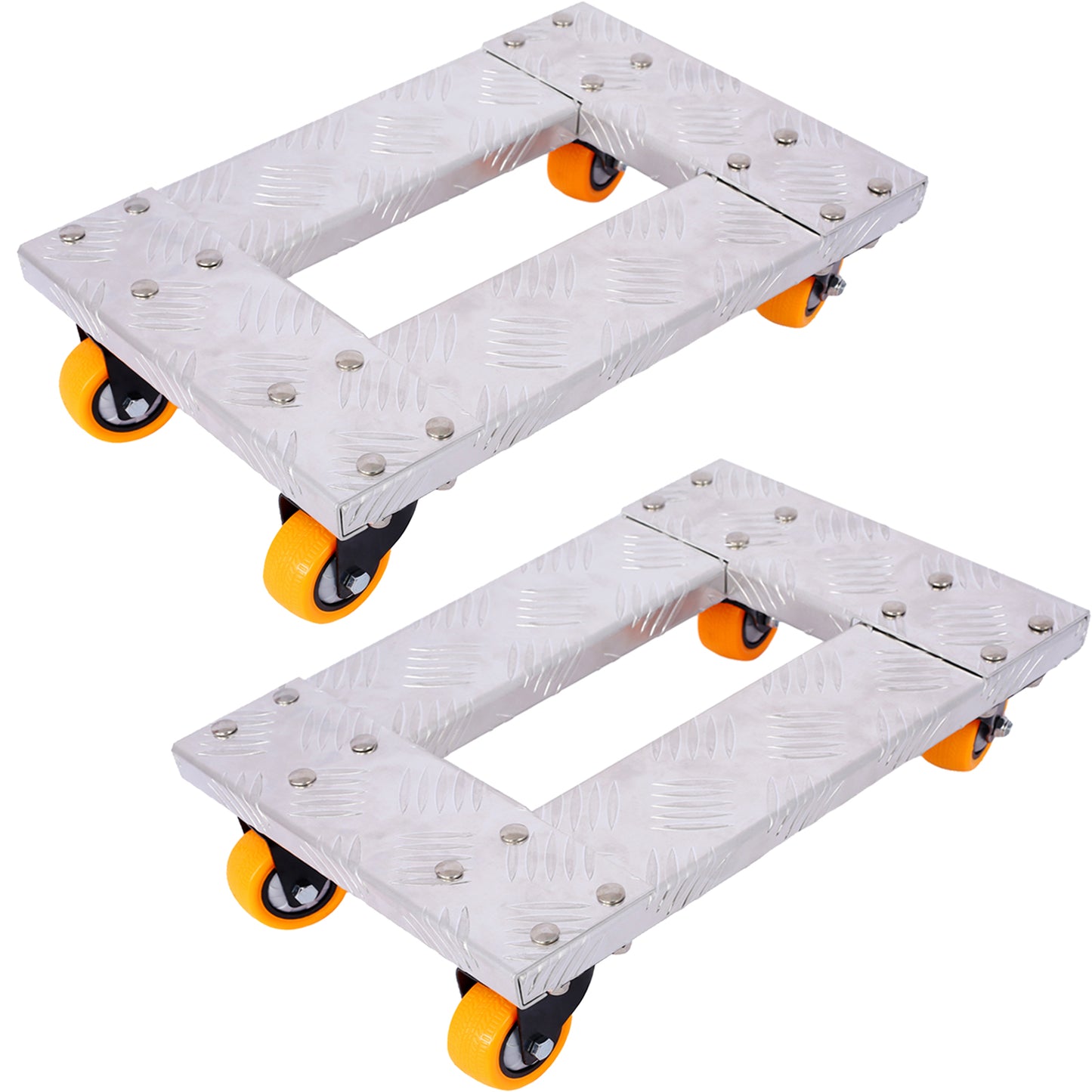 Two silver metal dollies with orange wheels perfect for moving heavy furniture