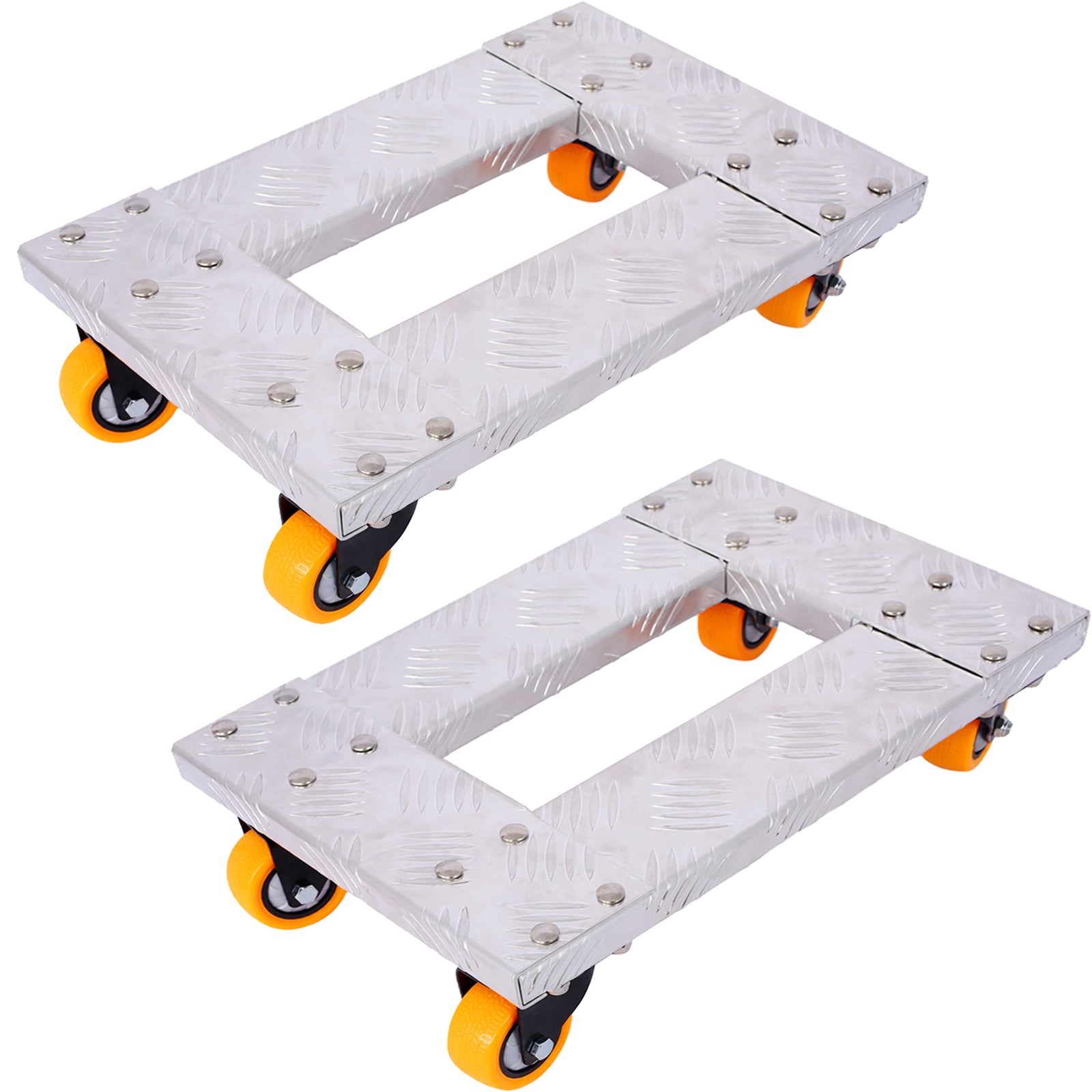 Two silver metal dollies with orange wheels perfect for moving heavy furniture