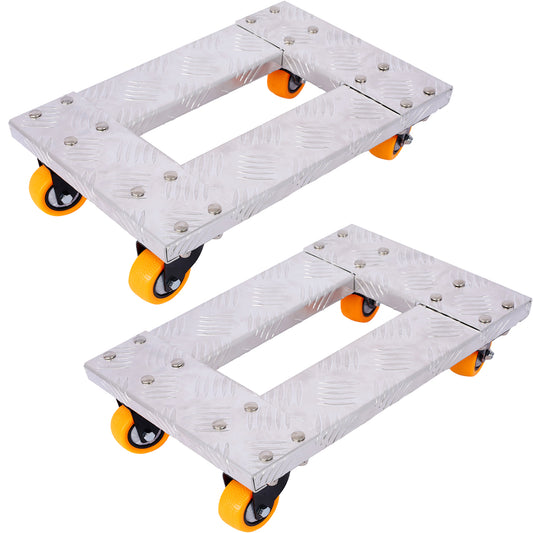 Two silver metal dollies with orange wheels perfect for moving heavy furniture