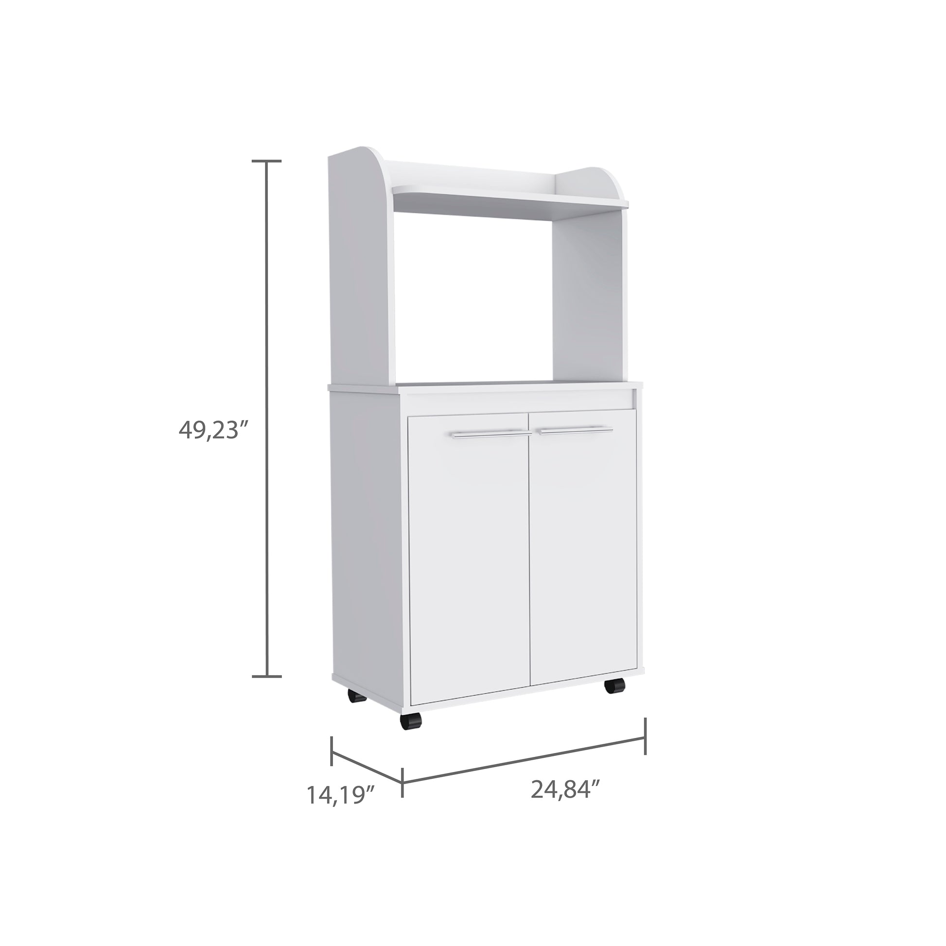 White kitchen bakers rack with two doors and a top shelf