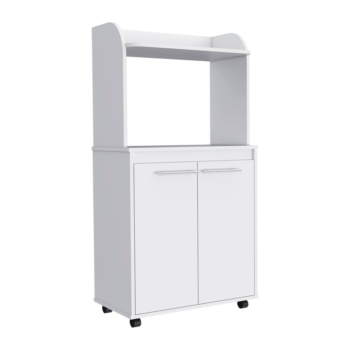 White kitchen cart with two doors and a shelf