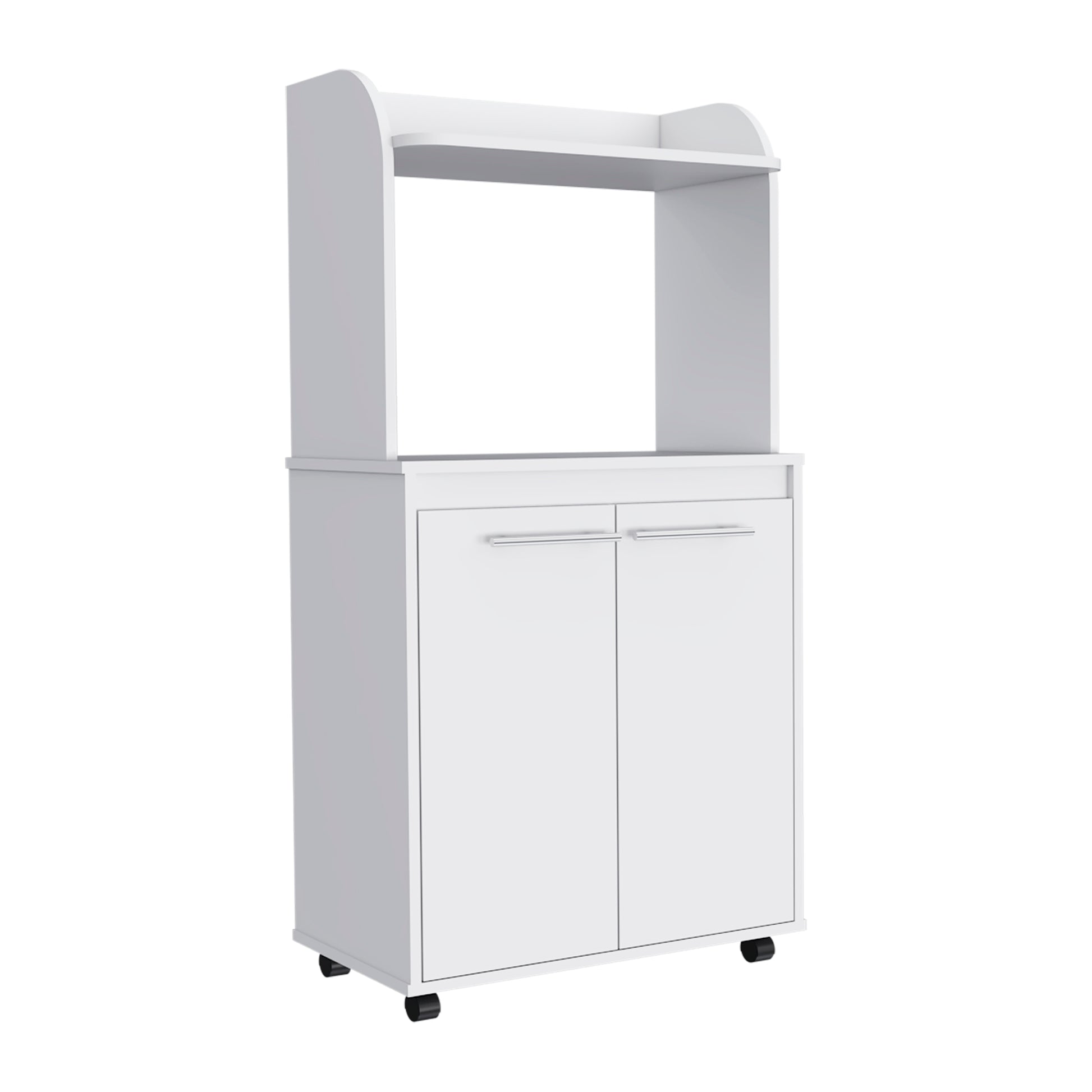 White kitchen cart with two doors and a shelf