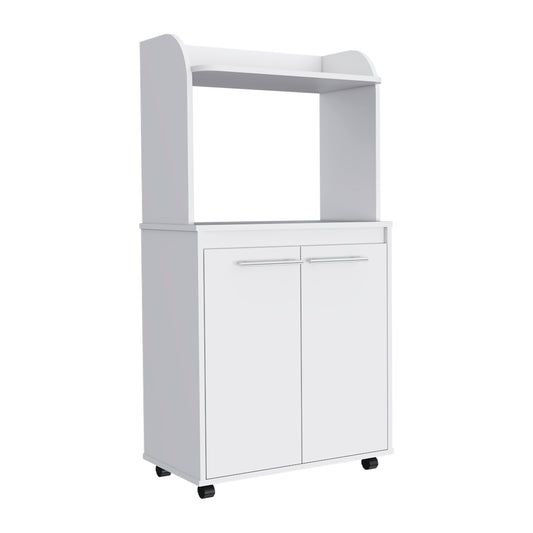 White kitchen cart with two doors and a shelf