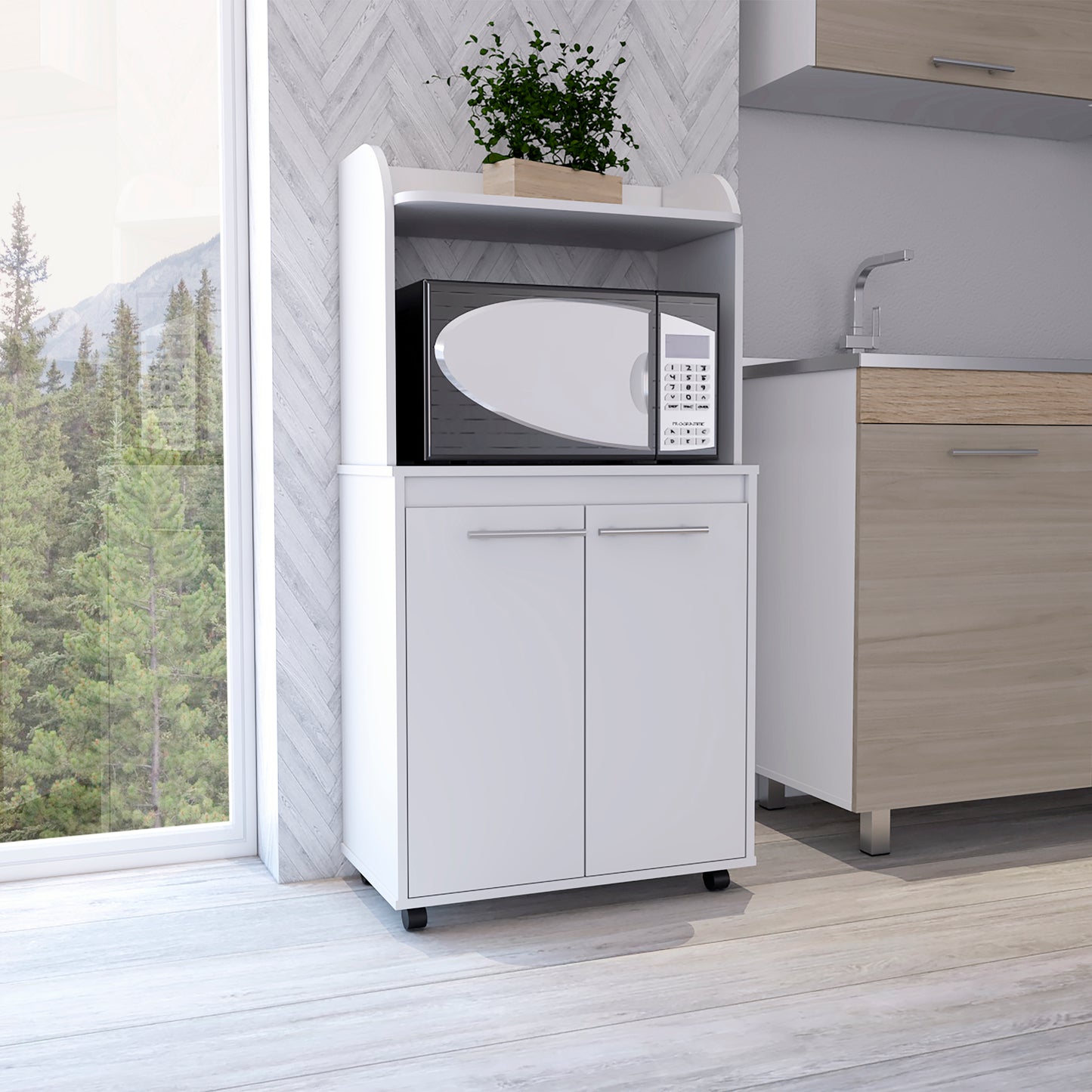 White microwave cart with storage cabinets and wheels