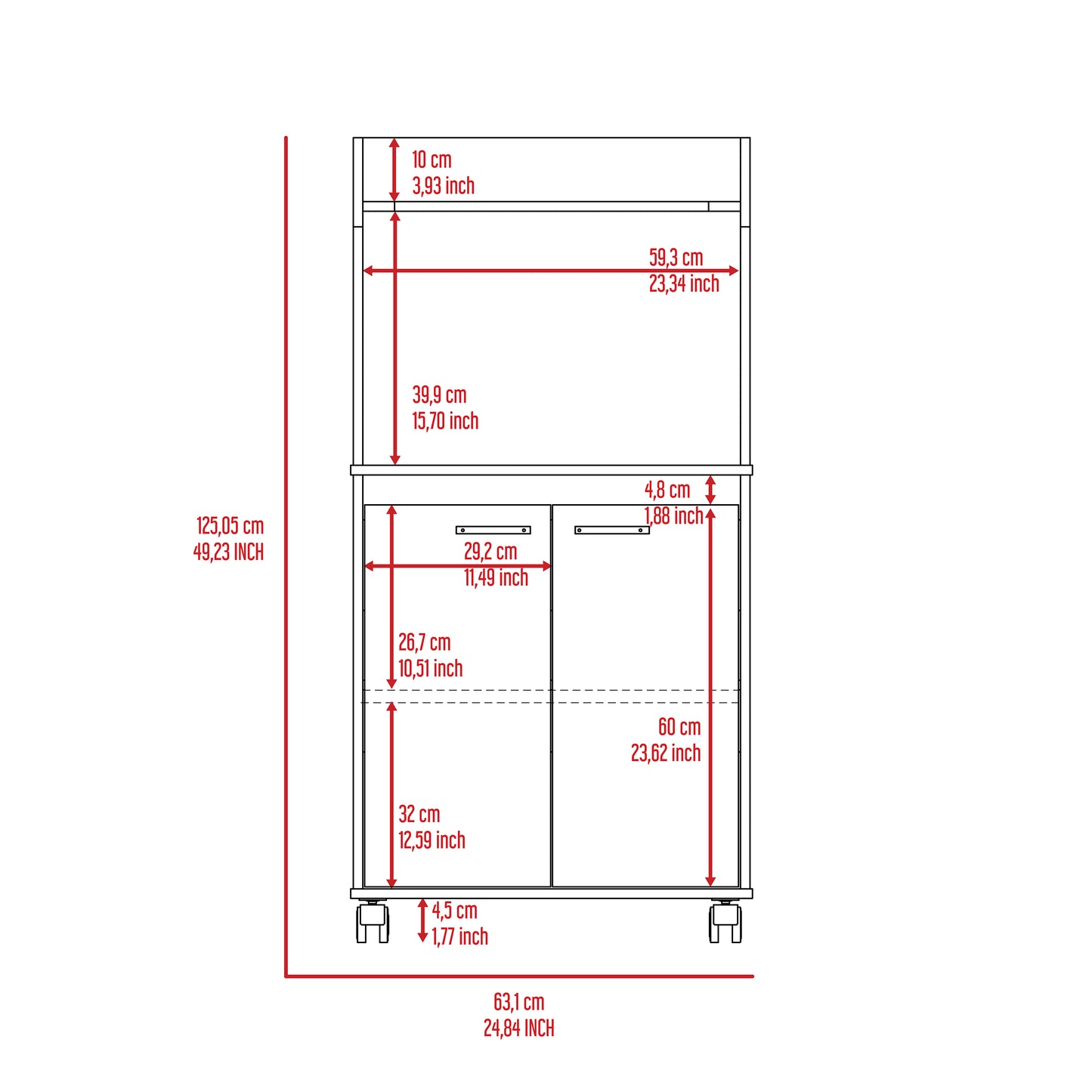 White storage cabinet diagram with dimensions