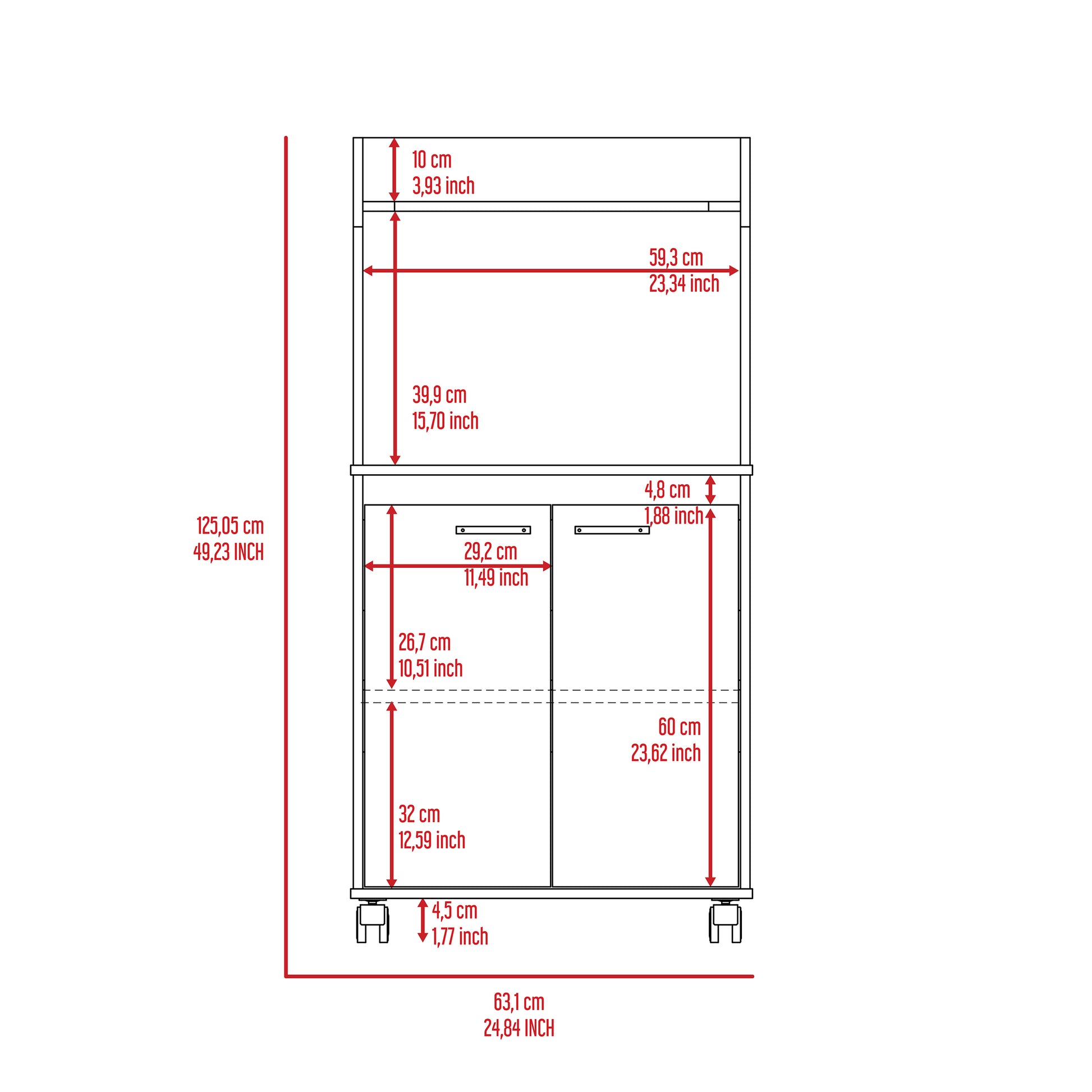 White storage cabinet diagram with dimensions
