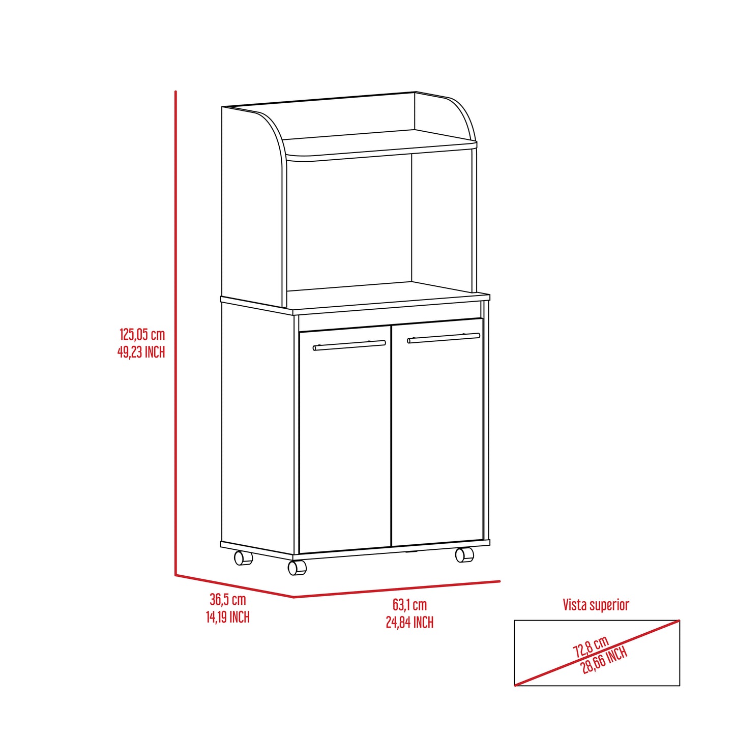 Line drawing of a white kitchen cart with two doors and two shelves