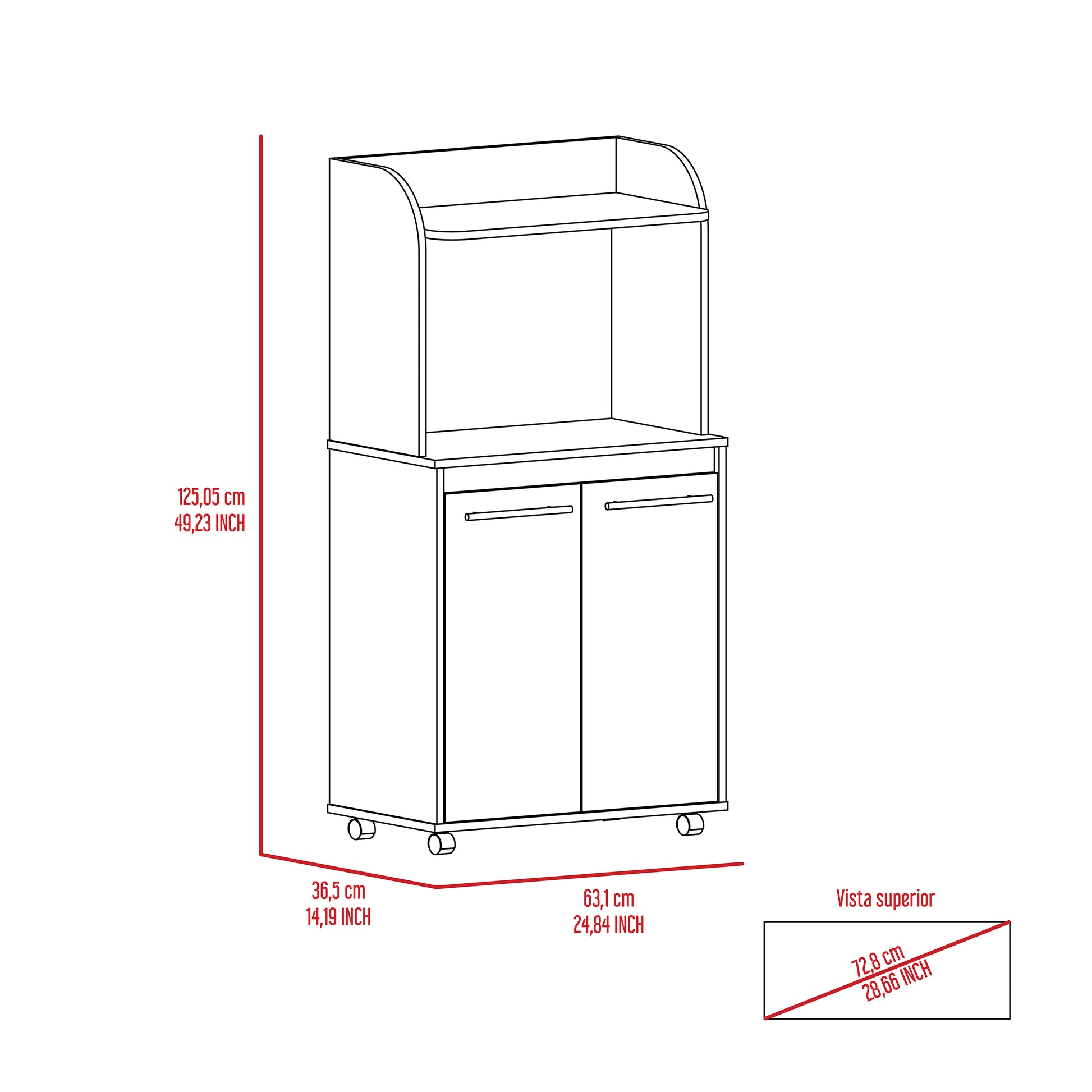 Line drawing of a white kitchen cart with two doors and two shelves