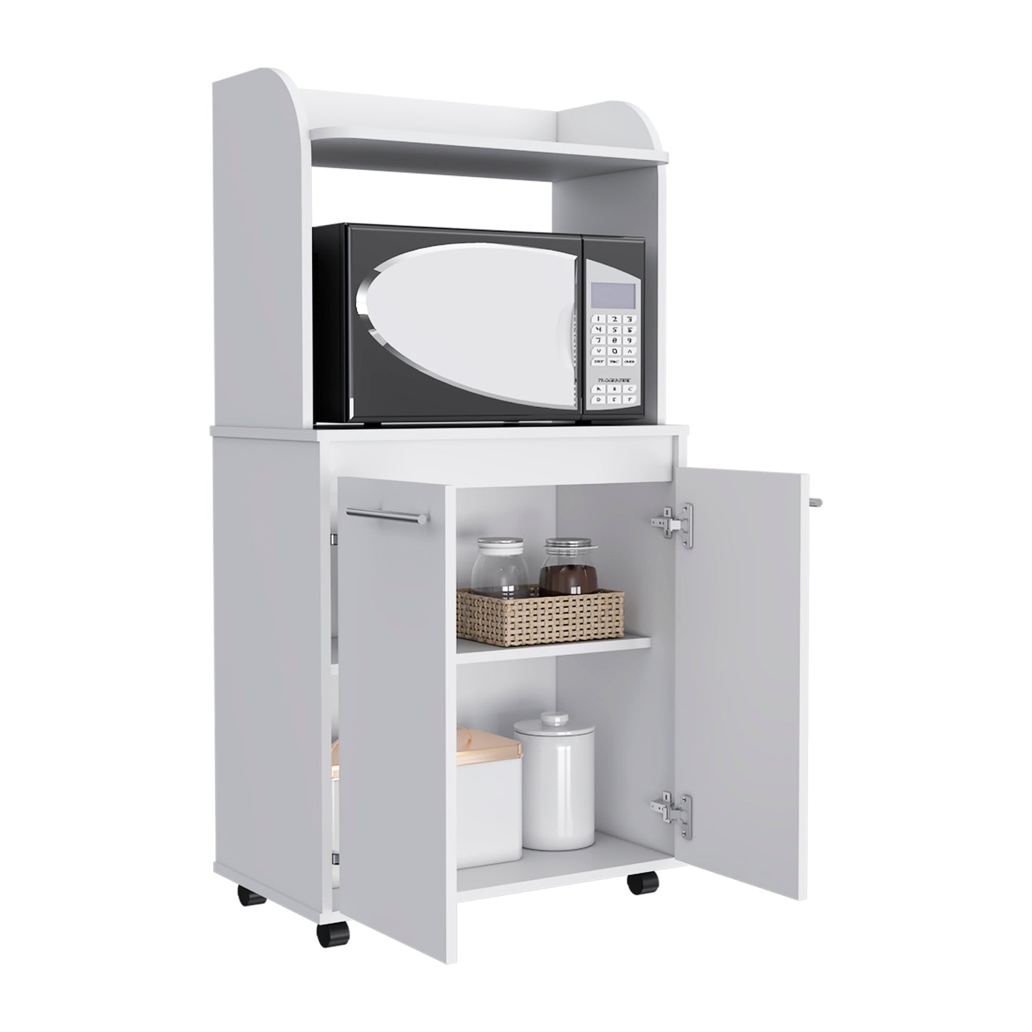 White kitchen microwave cart with open cabinet doors revealing storage shelves