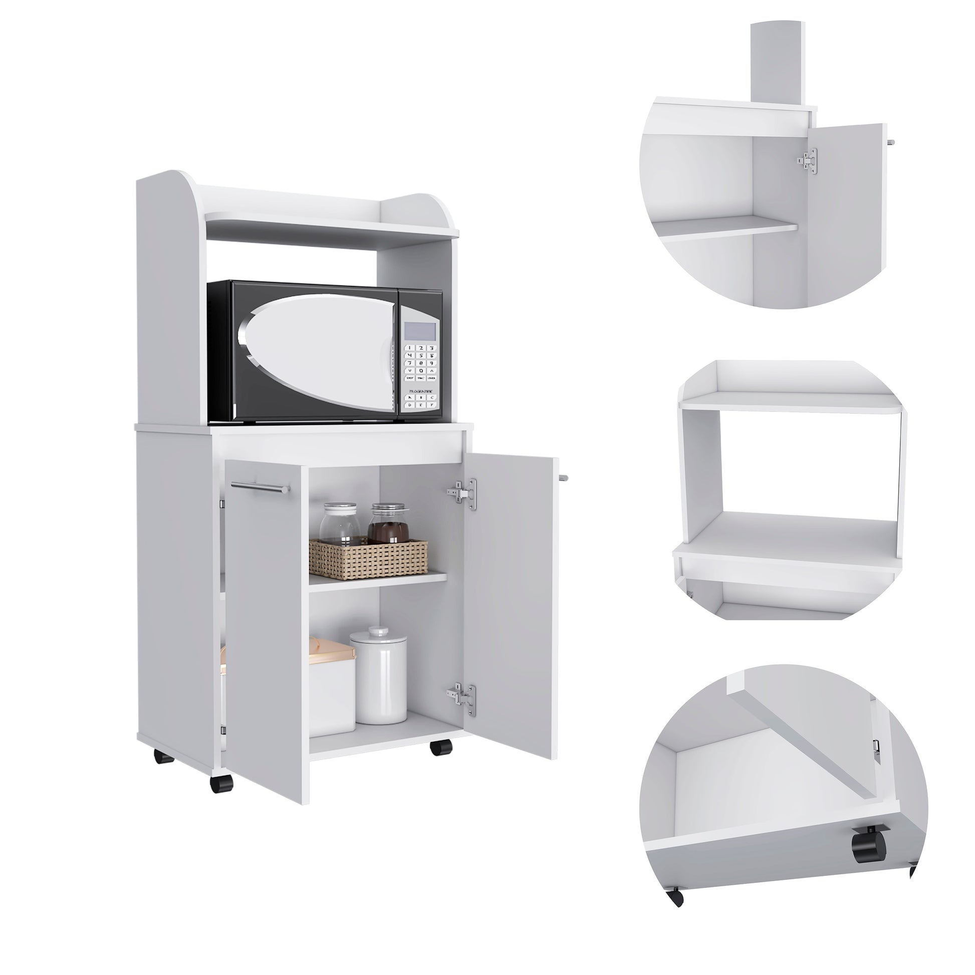 White kitchen bakers rack with microwave shelf and storage cabinets