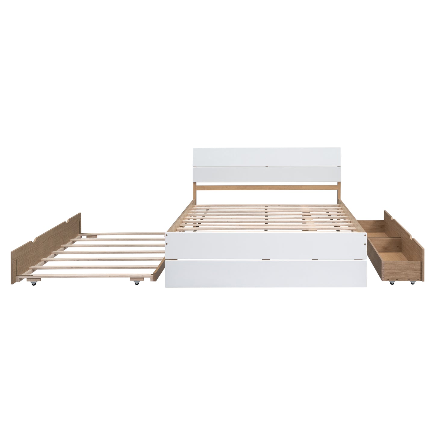 White and oak wood modern platform bed frame with two pullout drawers