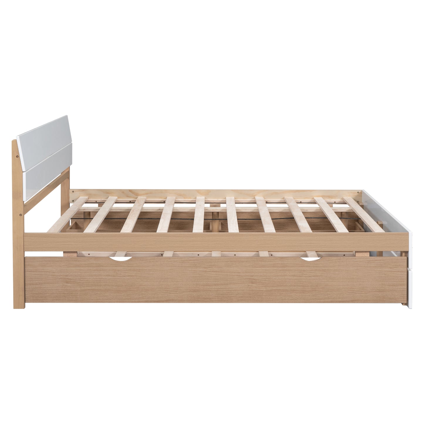 Modern white and oak wood bed frame with slatted base