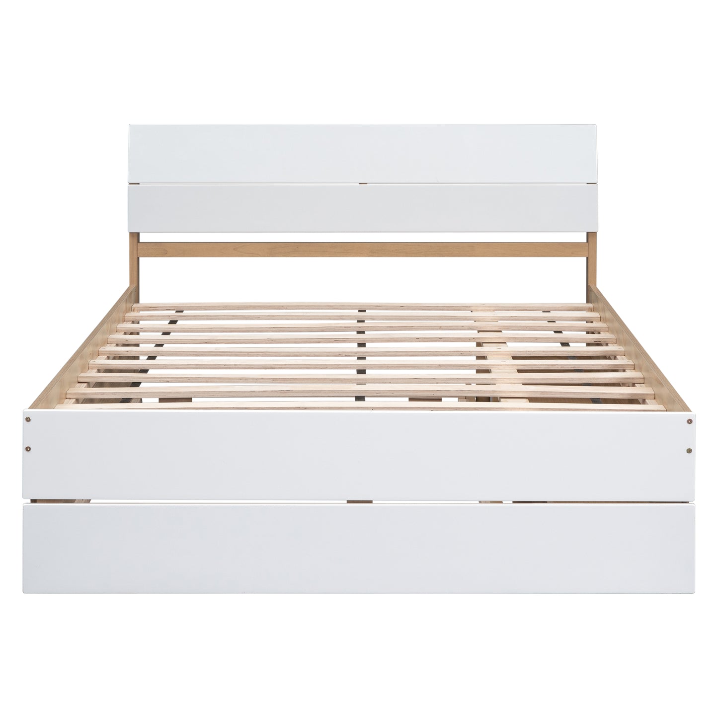 Modern white platform bed frame with natural wood accents and slatted base