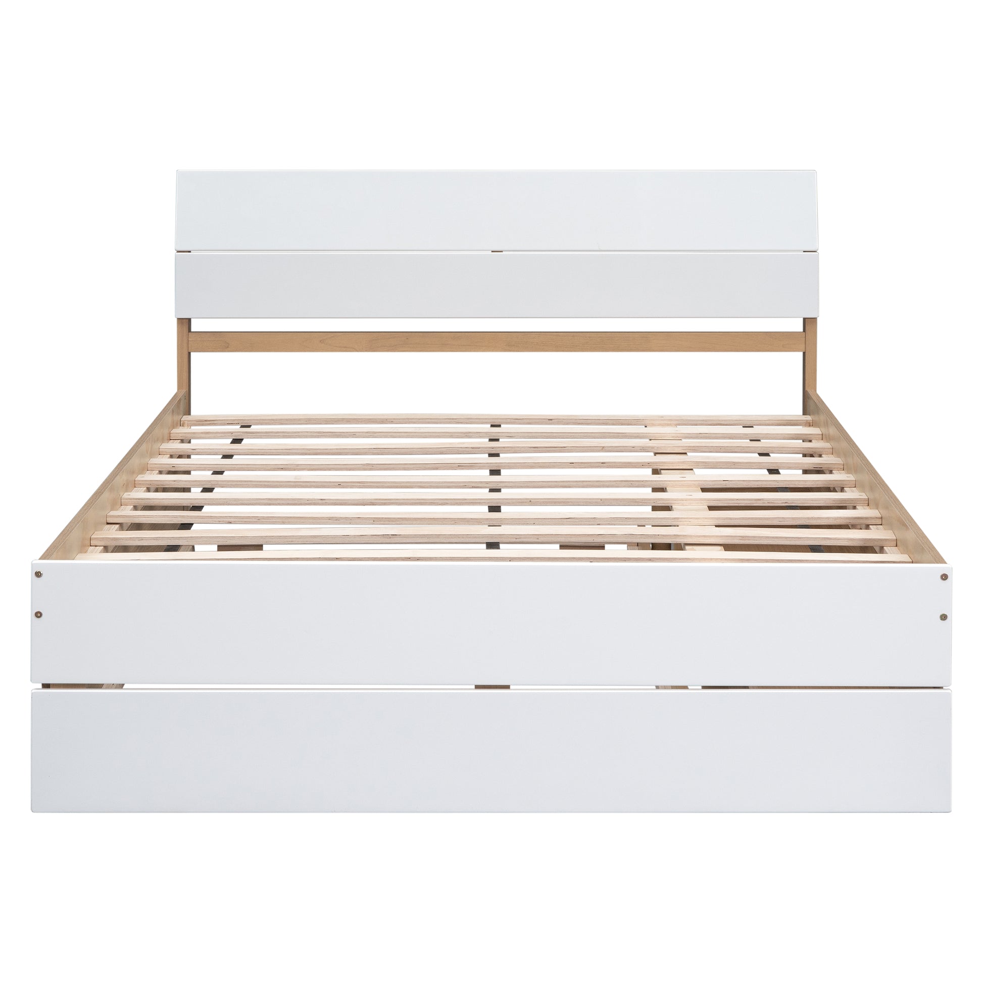 Modern white platform bed frame with natural wood accents and slatted base