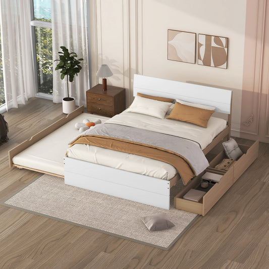 White twin bed frame with trundle and storage drawers
