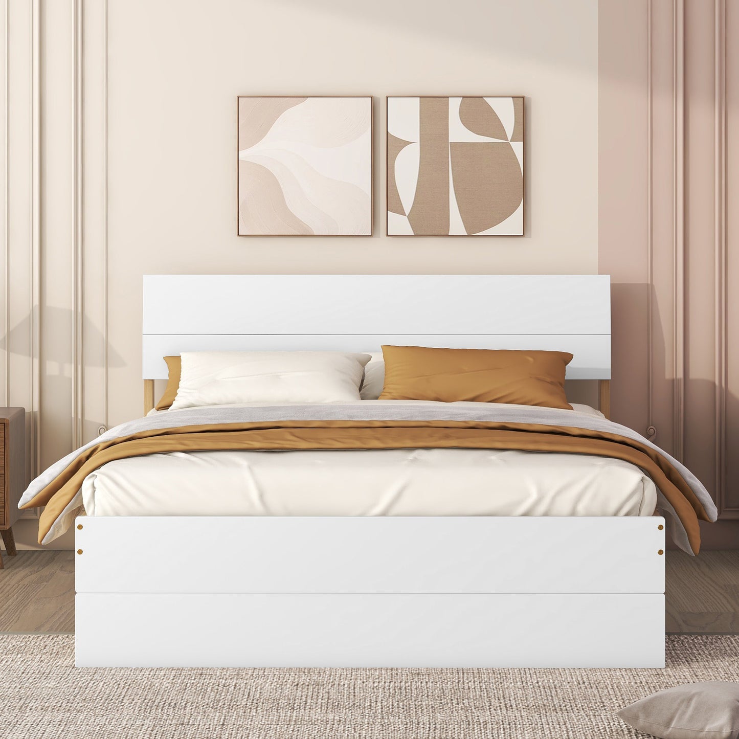 Modern white platform bed frame with minimalist headboard king size ideal for bedroom