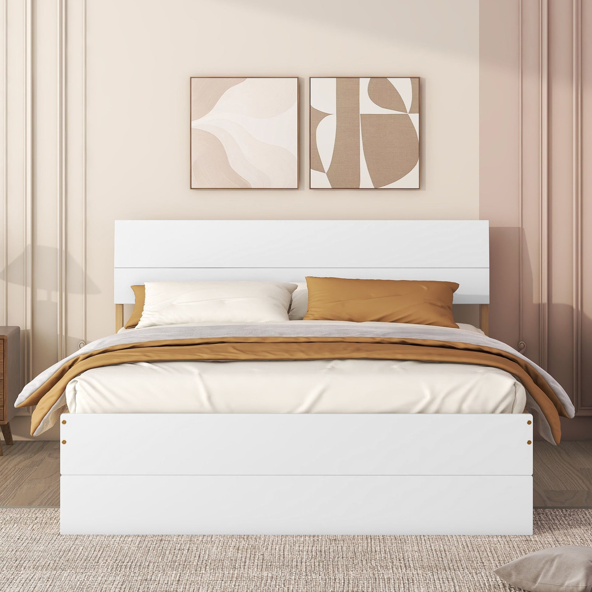 Modern white platform bed frame with minimalist headboard king size ideal for bedroom