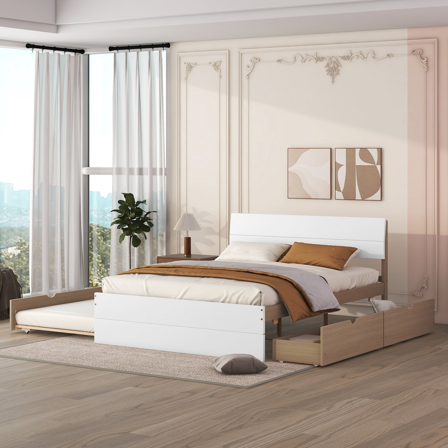 White and wood twin bed with pullout trundle and storage drawers