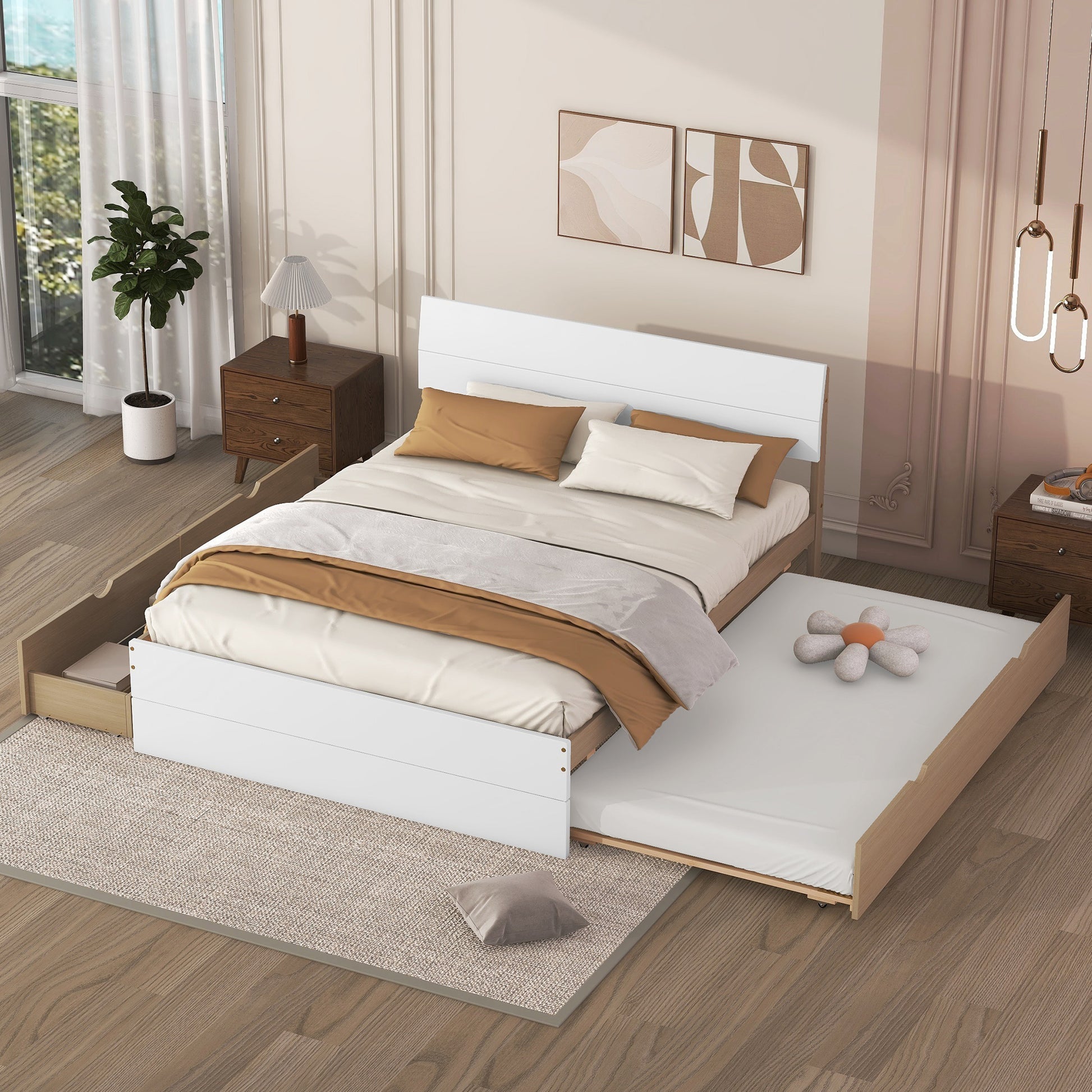 White wooden twin bed frame with pullout trundle and builtin drawers