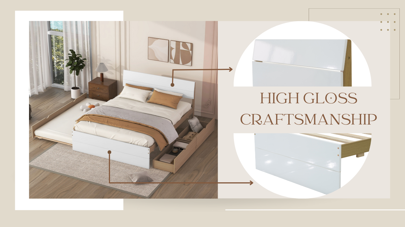 Modern white wooden bed frame with storage drawers and a pullout trundle