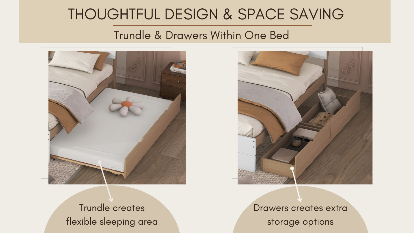 Wooden trundle bed frame with mattress pulled out featuring a flower pillow