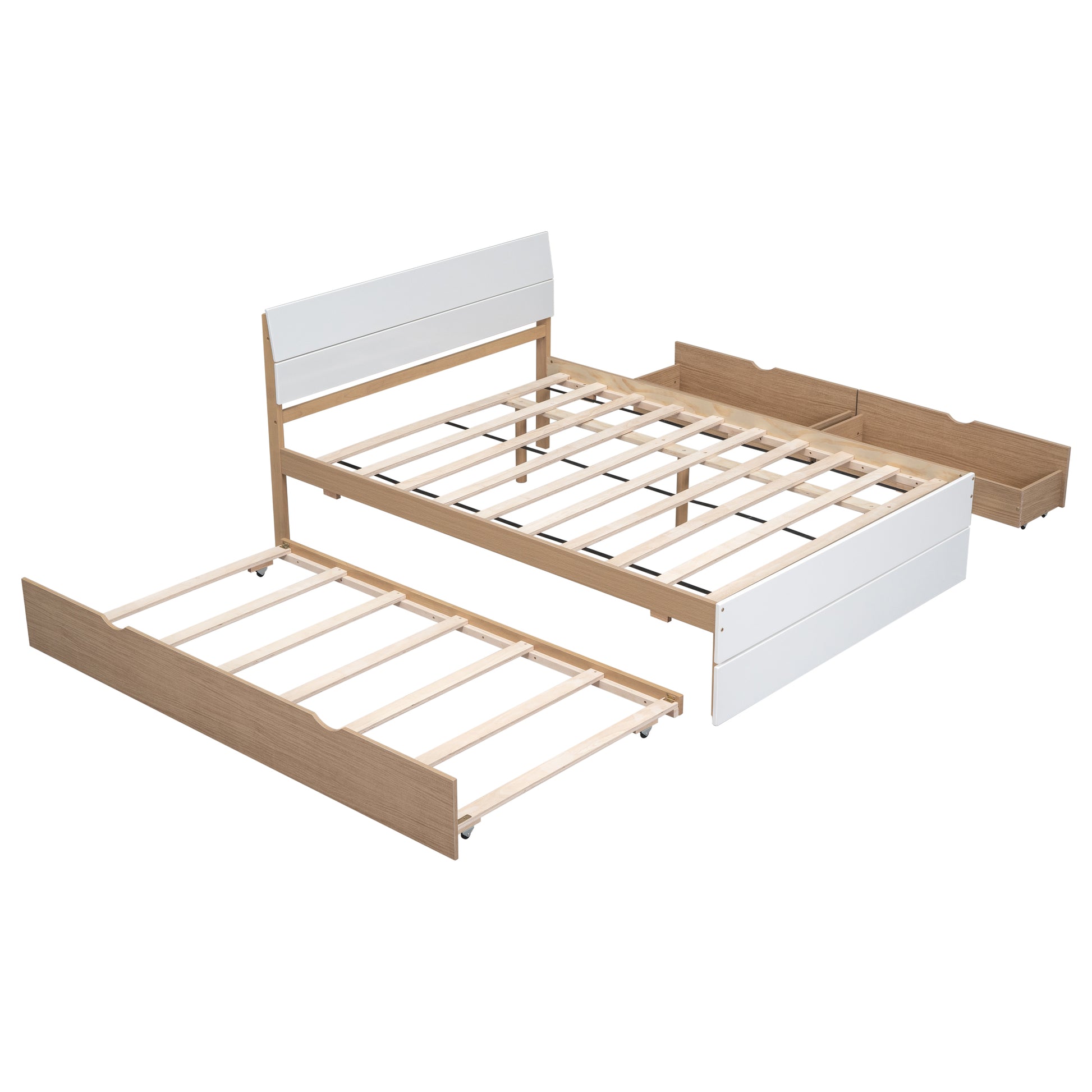 White and wood twin bed frame with pullout trundle