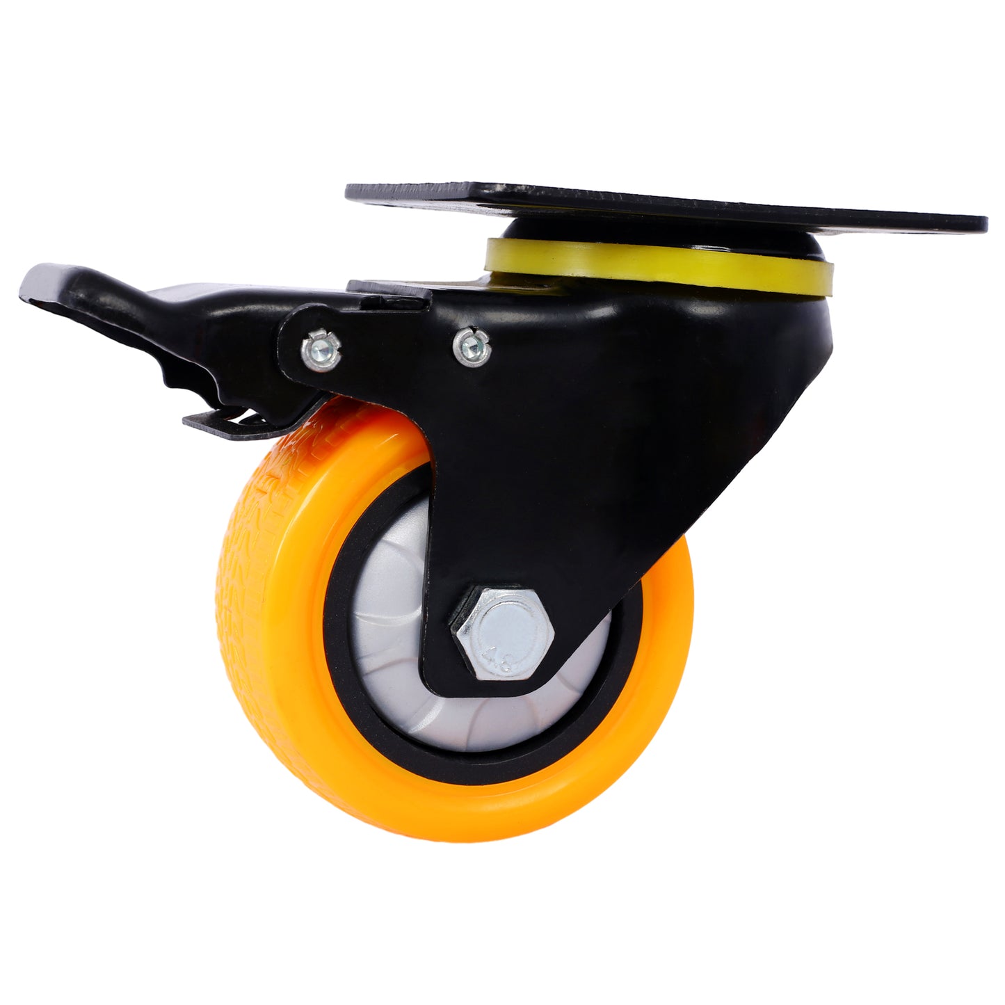 Heavy duty swivel caster with orange wheel and brake mechanism