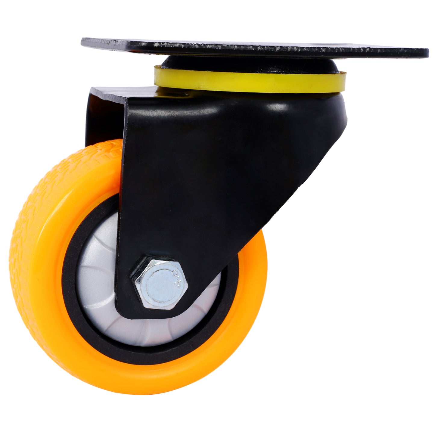 Heavyduty black caster wheel with orange polyurethane tire and silver hub ideal for industrial carts