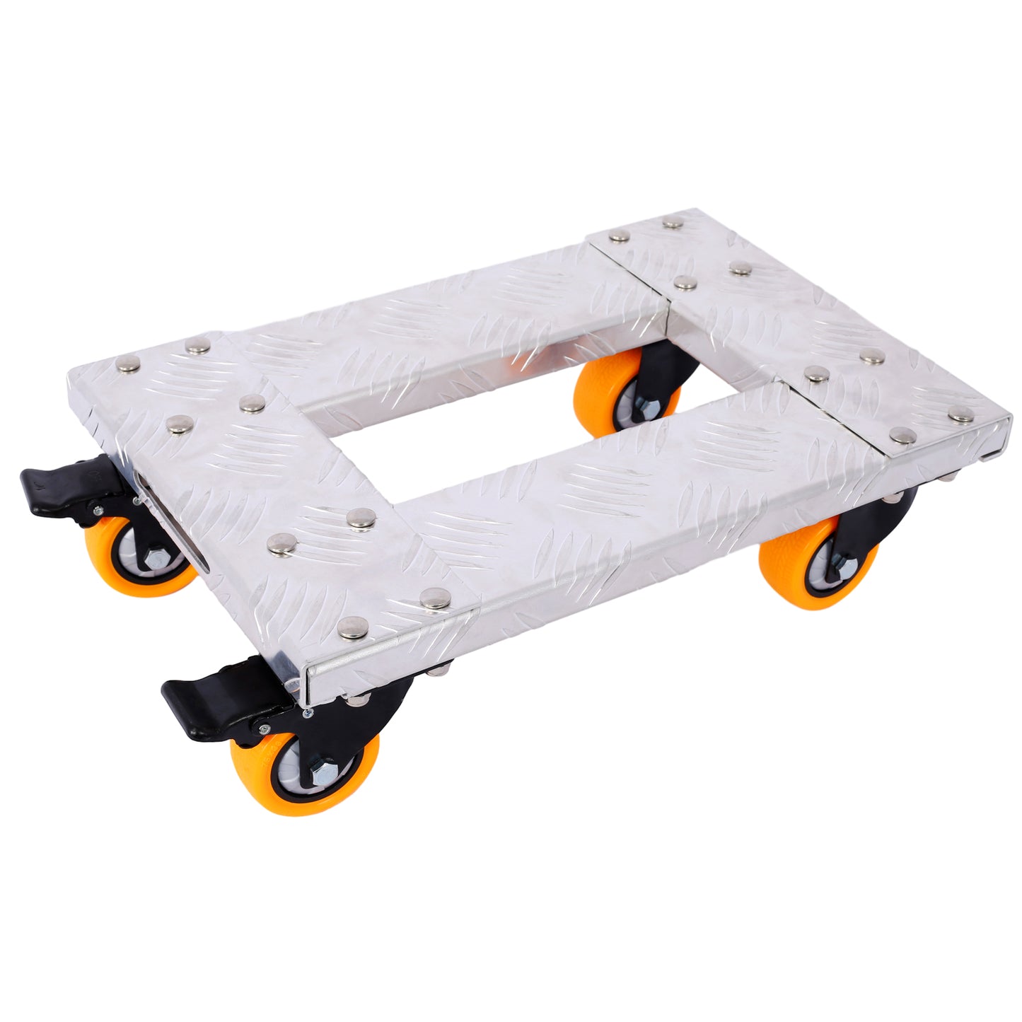 Silver metal dolly with diamond plate surface and orange swivel casters for heavy lifting