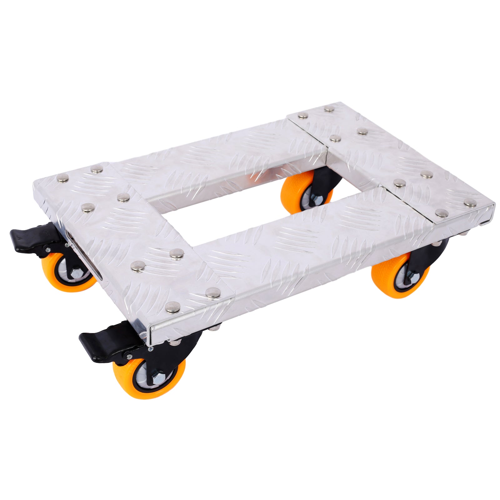 Silver metal dolly with diamond plate surface and orange swivel casters for heavy lifting